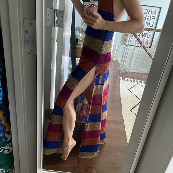 Oseree Highneck Halter Dress in Shimmery Stripe Size S - Picture 4 of 11